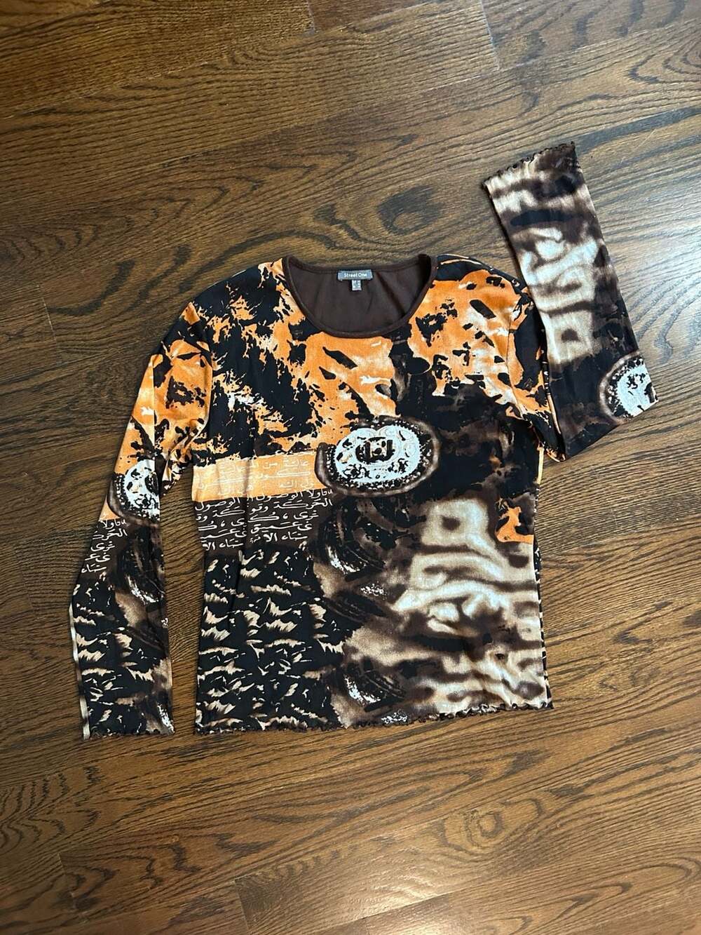 Street One Women's Brown and Orange Long Sleeve Graphic Mesh Tulle Top